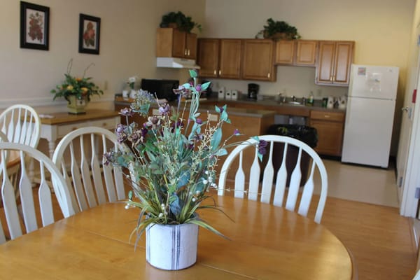 Common area with a dining table and kitchenette in the background