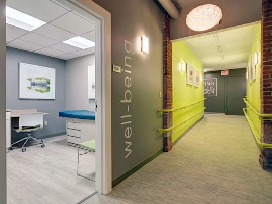 Bright hallway with well-being theme in a nursing home