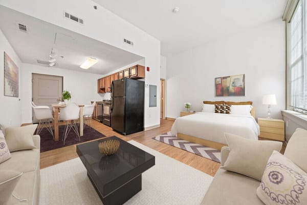 Interior view of a modern resident room with living area