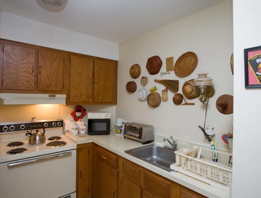 Kitchen area with wooden cabinets and decorative items