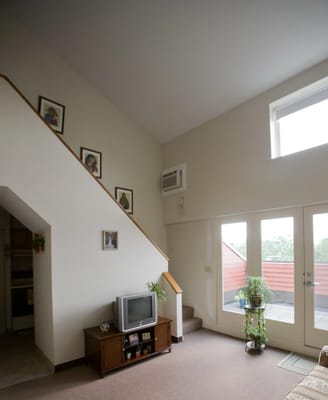 Bright interior of a facility room with plants and TV
