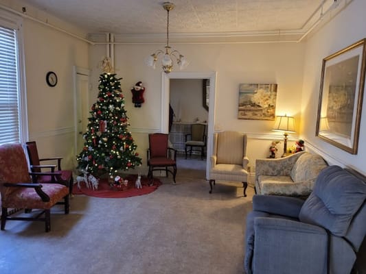 Cozy common area decorated for the holidays