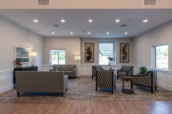 Bright interior common area with seating