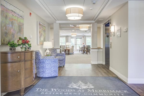 Bright lobby with seating and artwork