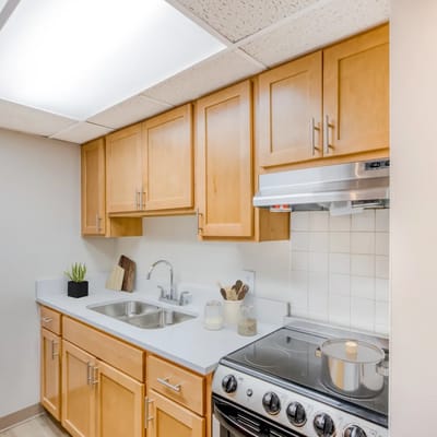 Bright interior kitchen space with wooden cabinets