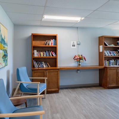 Cozy interior with bookshelves and seating area