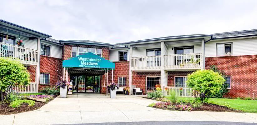Exterior view of Westminster Meadows with entrance awning