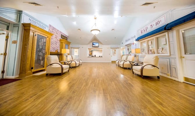 Bright lobby area with seating and decor