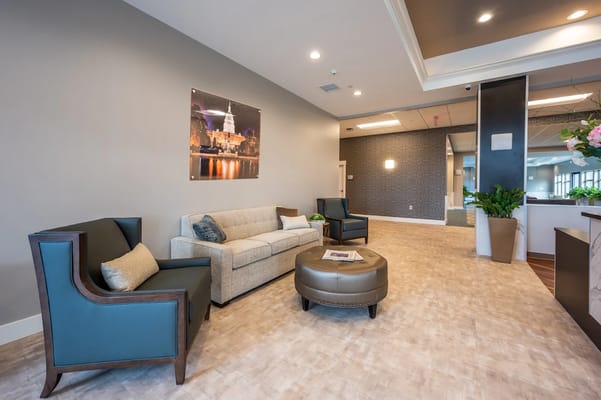 Modern lobby area with comfortable seating