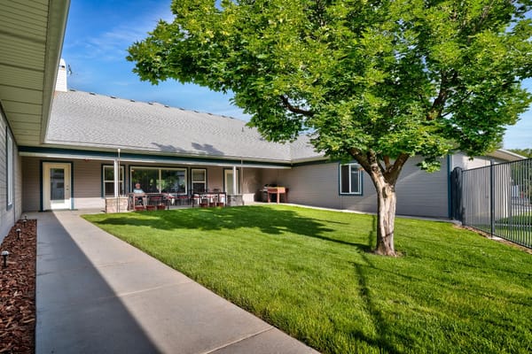 Outdoor space with green lawn and seating area