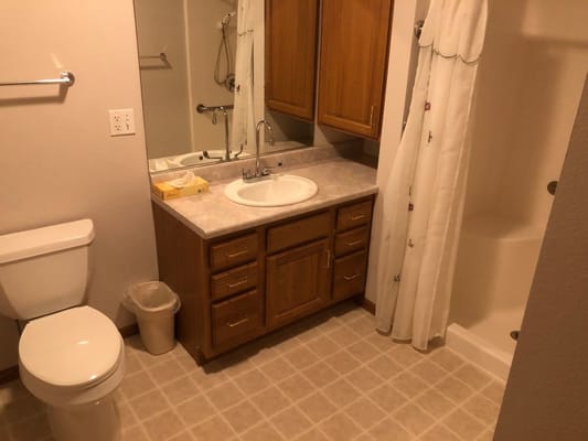 Private bathroom with shower and wooden cabinetry