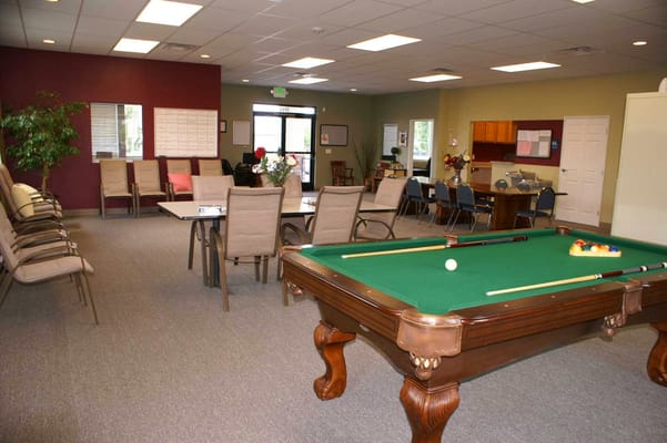 Activity room with pool table and seating area