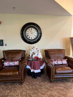 Cozy seating area decorated for the holidays