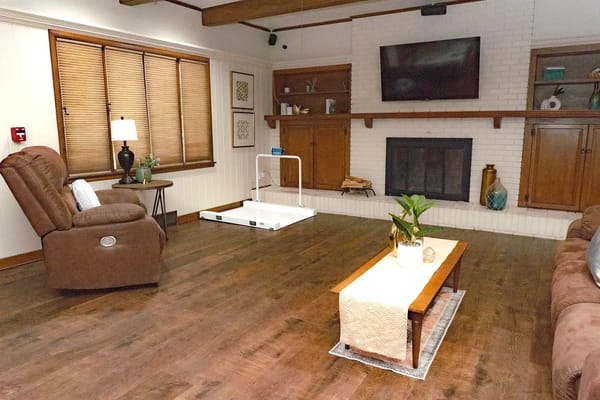 Cozy common area with seating and fireplace