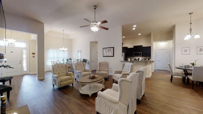 Bright, welcoming common area in a senior living facility