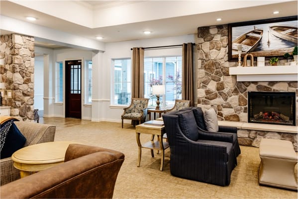 Interior view of a cozy common area with seating