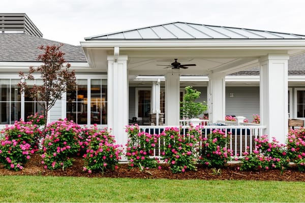 Cozy outdoor sitting area with flowers and shelter
