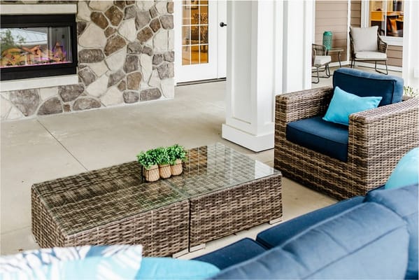 Comfortable outdoor seating area with furniture and decor