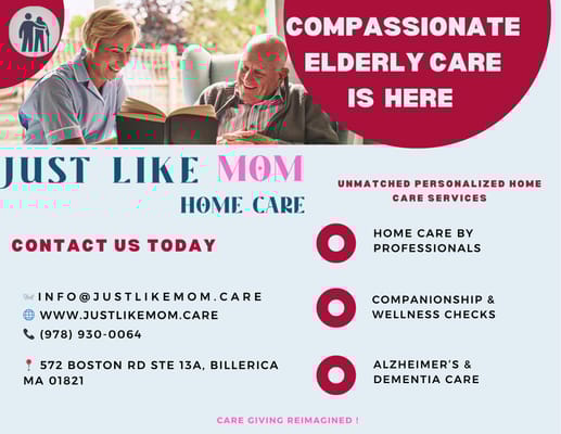 Informative graphic about elderly care services offered at Just Like MOM Home Care