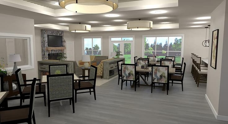 Modern dining area with seating and large windows