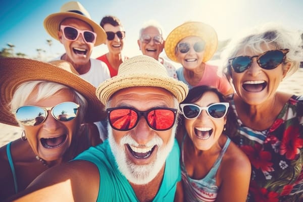 Group of seniors smiling and enjoying a sunny day together