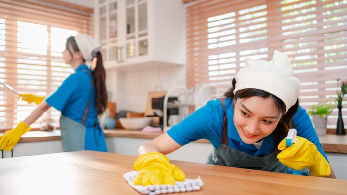 Staff members cleaning in a bright kitchen