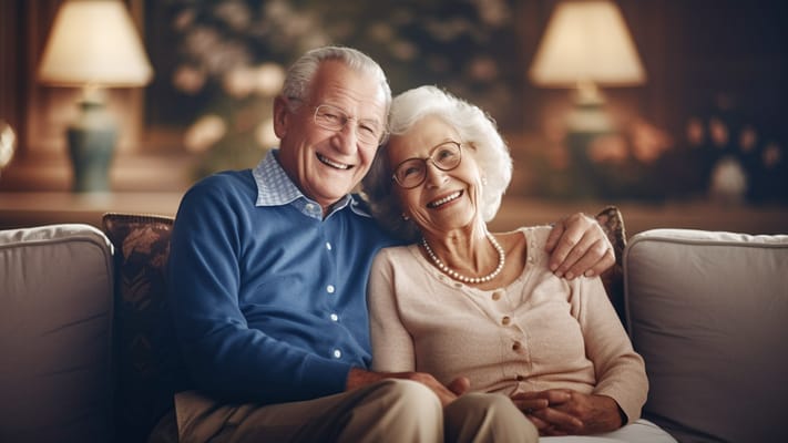 Elderly couple smiling together in a cozy common area