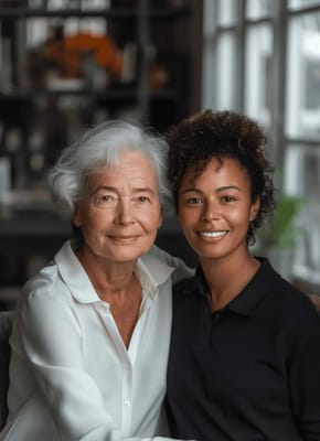 A resident and caregiver smiling together in a cozy setting