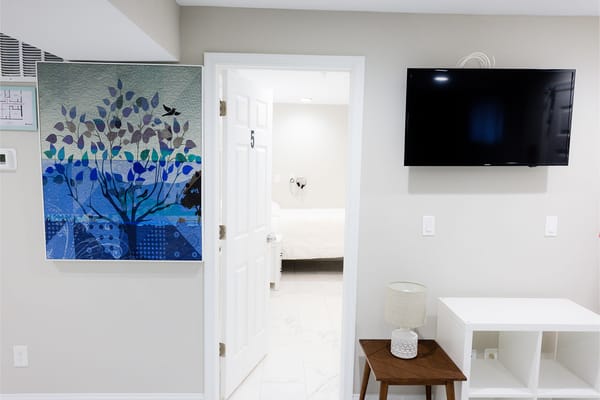 Interior view of a room with art and furniture