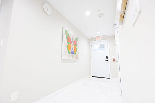 Bright hallway with a butterfly artwork and white door