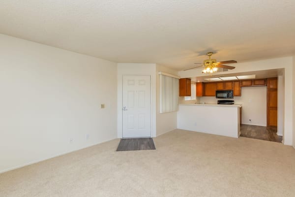 Spacious living room with beige carpet and open kitchen area.