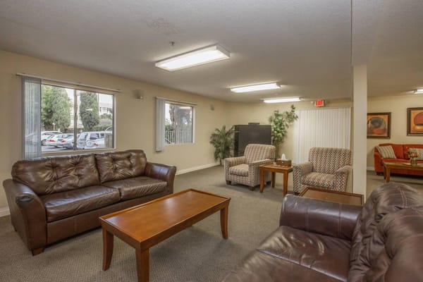 Common area with comfortable seating and bright windows
