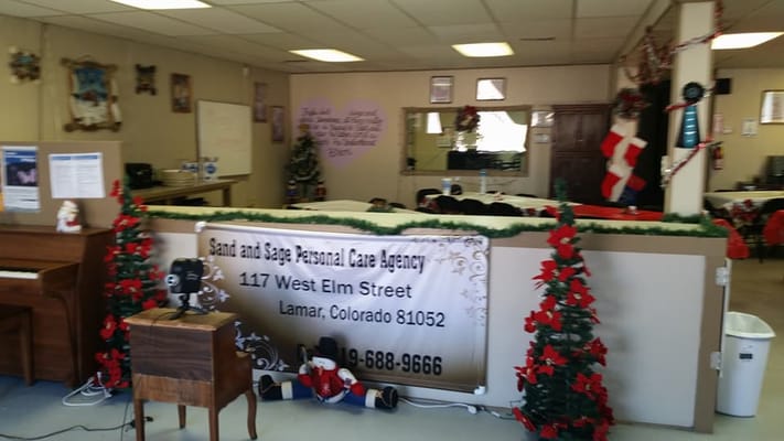 Interior view of the lobby decorated for the holidays