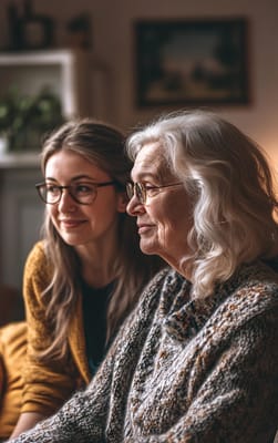 A caregiver and resident enjoying a moment together