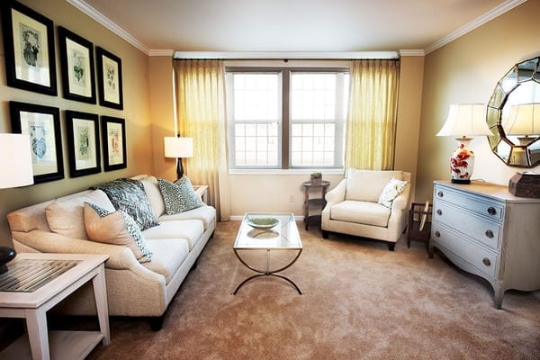 Spacious living room with natural light, featuring a couch and armchair.