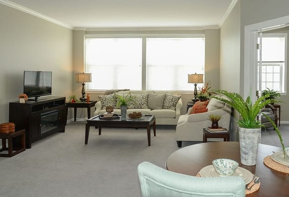 Bright and cozy living room with a sofa, coffee table, and TV