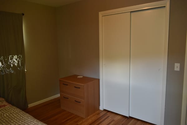Interior view of a cozy bedroom with a dresser and closet
