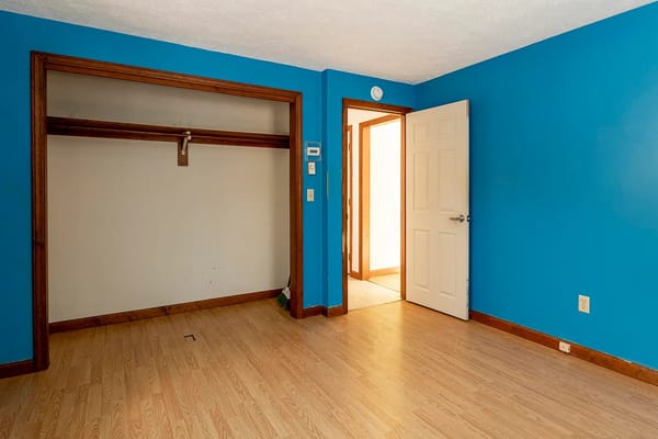 Interior of a blue-walled room with a closet and an open door.