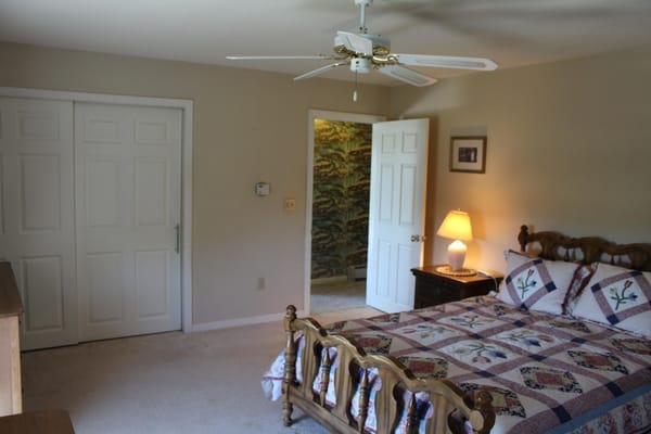 Interior of a cozy bedroom with a bed, lamp, and closet