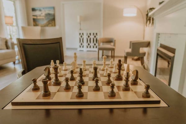 Chessboard set up in a well-lit common area