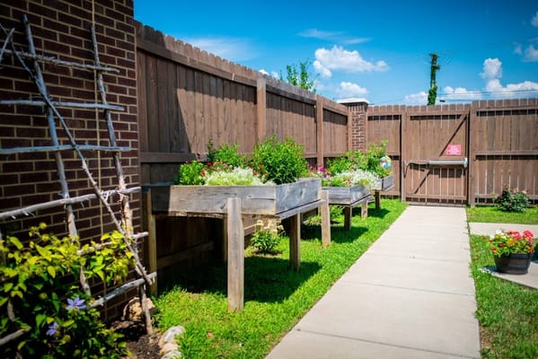 Garden area with planter boxes and sidewalk