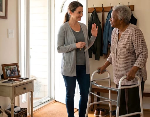 A staff member assisting a resident inside the facility