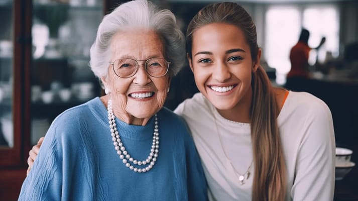 A smiling senior resident with a young caregiver in a common area