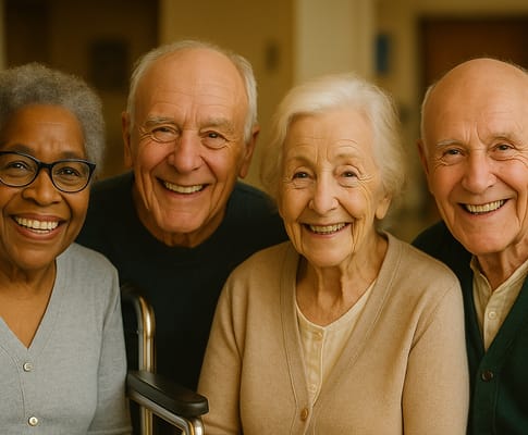 Four smiling residents posing together
