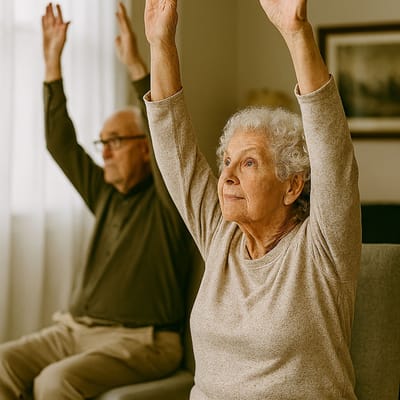 Seniors participating in a seated exercise class