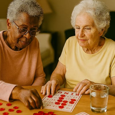 Two residents playing bingo at a table