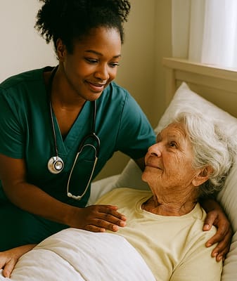 Nurse smiling at elderly resident in bed