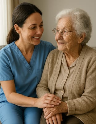 A caregiver and resident sharing a warm moment indoors