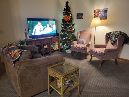 Cozy living room with a TV, decorative Christmas tree, and comfortable seating