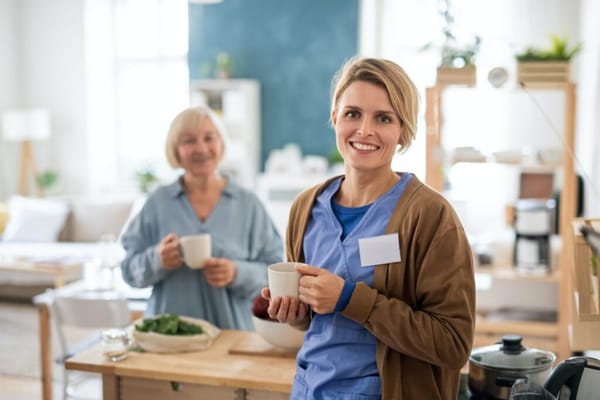 Staff member smiling with resident in a warm common area